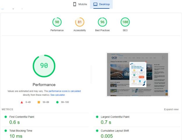 Báo cáo tốc độ truy cập website của PageSpeed Insights