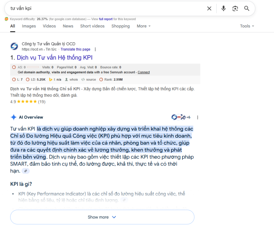 AI Overview với từ khóa Tư vấn KPI
