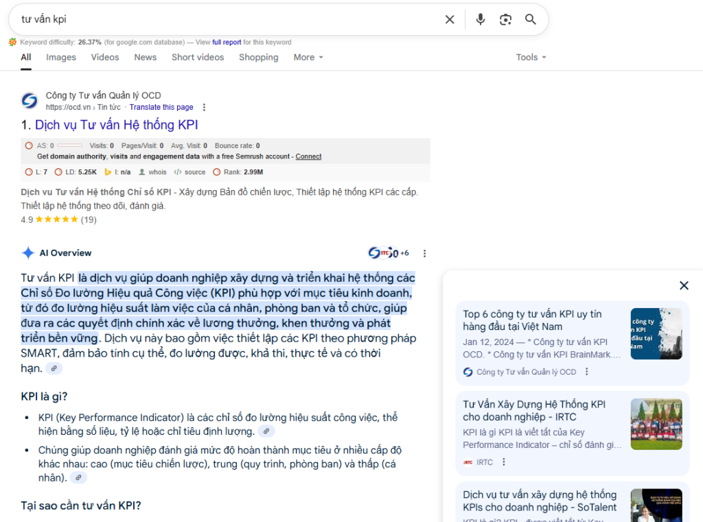 AI Overview với từ khóa Tư vấn KPI - Chi tiết