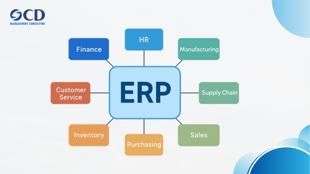Sơ đồ minh họa các module chính của một hệ thống ERP điển hình