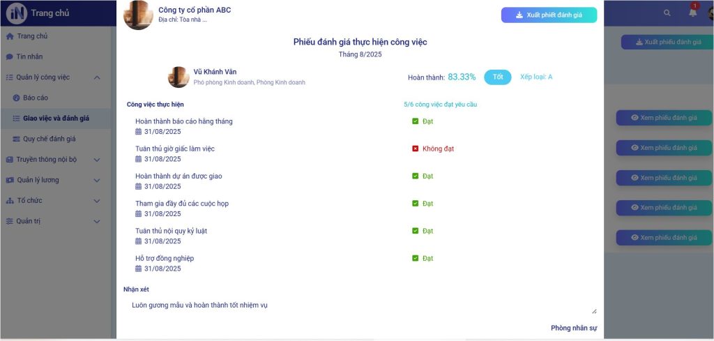 iNexx - Phiếu đánh giá thực hiện công việc