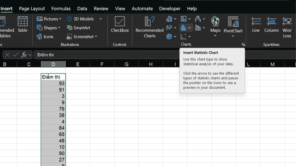 Giao diện vẽ biểu đồ histogram trong Excel