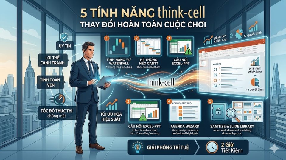 Sơ đồ tổng quan 5 tính năng think-cell thay đổi hoàn toàn cuộc chơi cho chuyên gia tư vấn