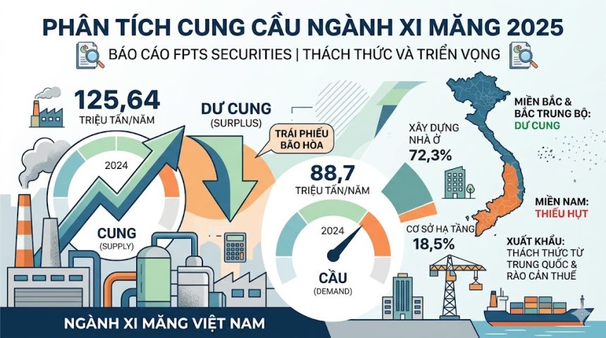 Biểu đồ phân tích cung cầu ngành xi măng Việt Nam 2025 từ báo cáo FPTS Securities, thể hiện tình trạng dư cung và sự mất cân đối vùng miền.