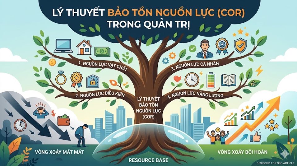 Sơ đồ tổng quan lý thuyết bảo tồn nguồn lực COR của Stevan Hobfoll và ứng dụng trong quản trị
