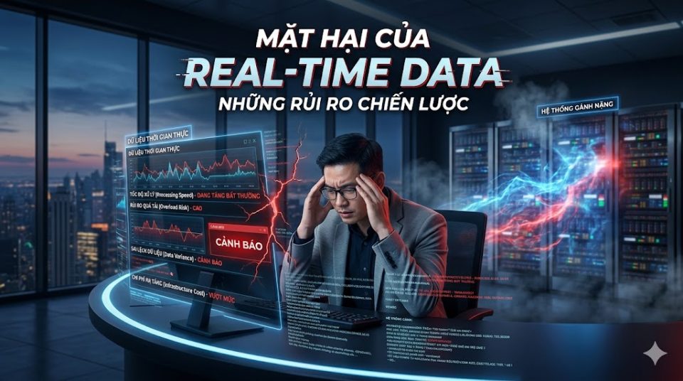 Ảnh đại diện minh họa một Brand Manager đang kiệt sức trước cơn bão dữ liệu thời gian thực (Real-time Data) quá tải, rủi ro sai lệch và chi phí