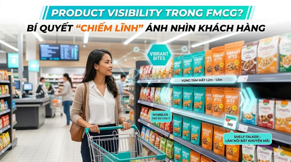 Ảnh đại diện minh họa một kệ hàng FMCG được tối ưu hiển thị sản phẩm với các chỉ số SOS, Hot Zone và POSM
