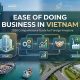 A modern featured image illustrating the ease of doing business in Vietnam in 2026 for foreign investors, combining simplified business lifecycle graphics with images of Vietnam's economic development, including a port and modern city skyline