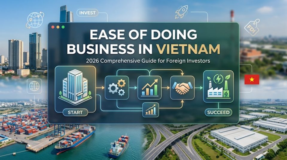 A modern featured image illustrating the ease of doing business in Vietnam in 2026 for foreign investors, combining simplified business lifecycle graphics with images of Vietnam's economic development, including a port and modern city skyline