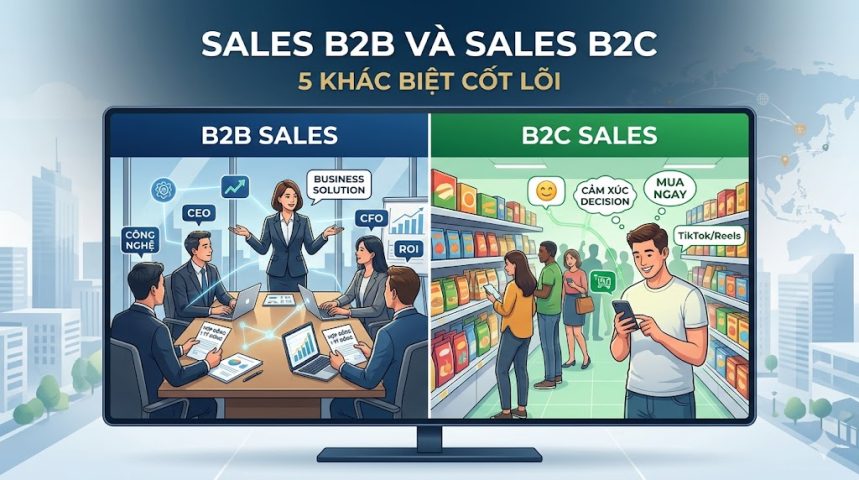 Một hình ảnh minh họa so sánh Sales B2B và Sales B2C, chia thành hai bảng: bên trái là cuộc họp doanh nghiệp (B2B) tập trung vào ROI và hợp đồng lớn, bên phải là môi trường bán lẻ (B2C) tập trung vào cảm xúc và người tiêu dùng cá nhân.