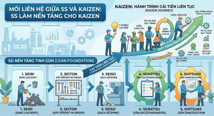 Mối liên hệ giữa 5S và Kaizen: Cách 5S làm nền tảng cho Kaizen/Lean và tối ưu hóa quy trình