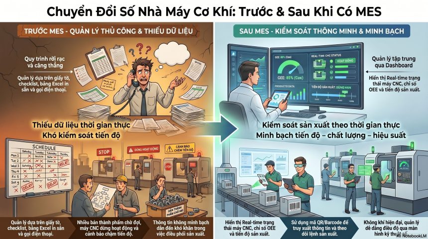 MES giúp nhà máy cơ khí chuyển từ quản lý thủ công sang kiểm soát sản xuất theo thời gian thực