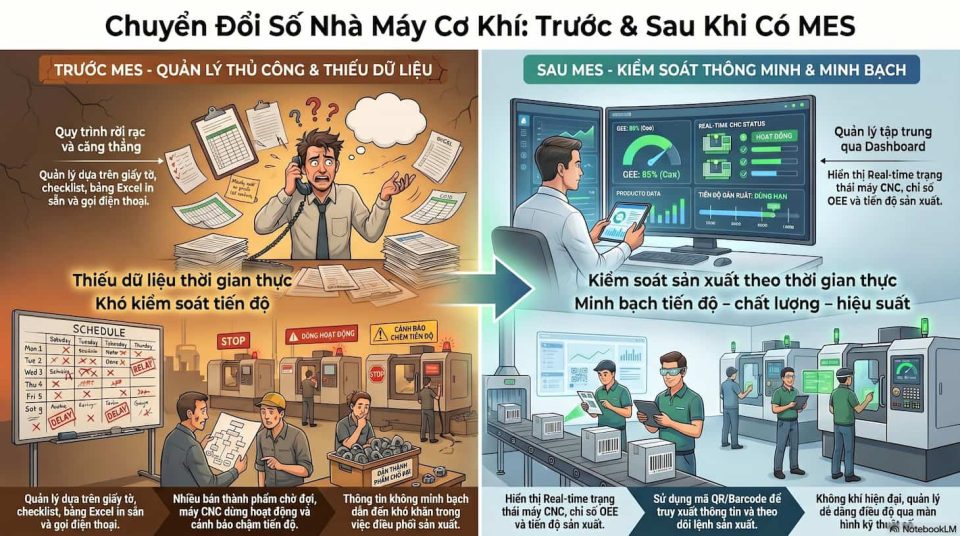 MES giúp nhà máy cơ khí chuyển từ quản lý thủ công sang kiểm soát sản xuất theo thời gian thực