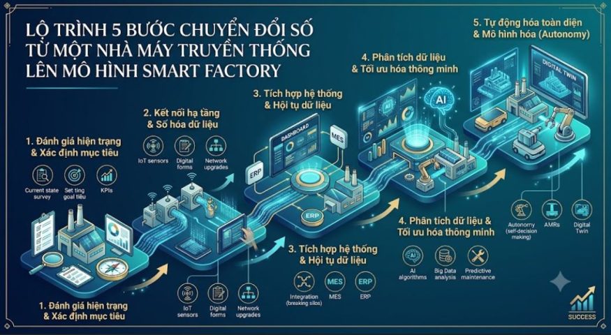 Lộ trình 5 bước CĐS nhà máy truyền thống lên mô hình Smart Factory