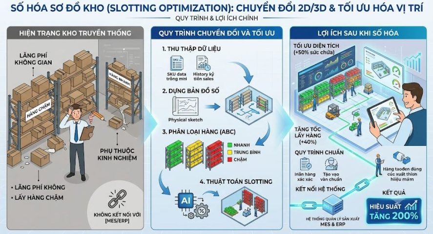 Số hóa sơ đồ kho: Chuyển đổi sơ đồ kho vật lý thành bản đồ số 2D/3D