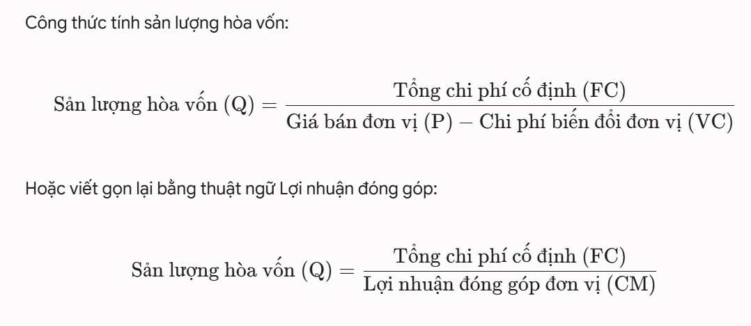 Công thức tính sản lượng hòa vốn