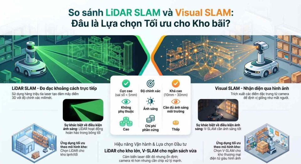 So sánh LiDAR SLAM và Visual SLAM: Công nghệ nào tối ưu cho kho bãi?