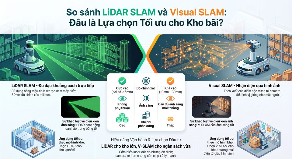 So sánh LiDAR SLAM và Visual SLAM: Công nghệ nào tối ưu cho kho bãi?