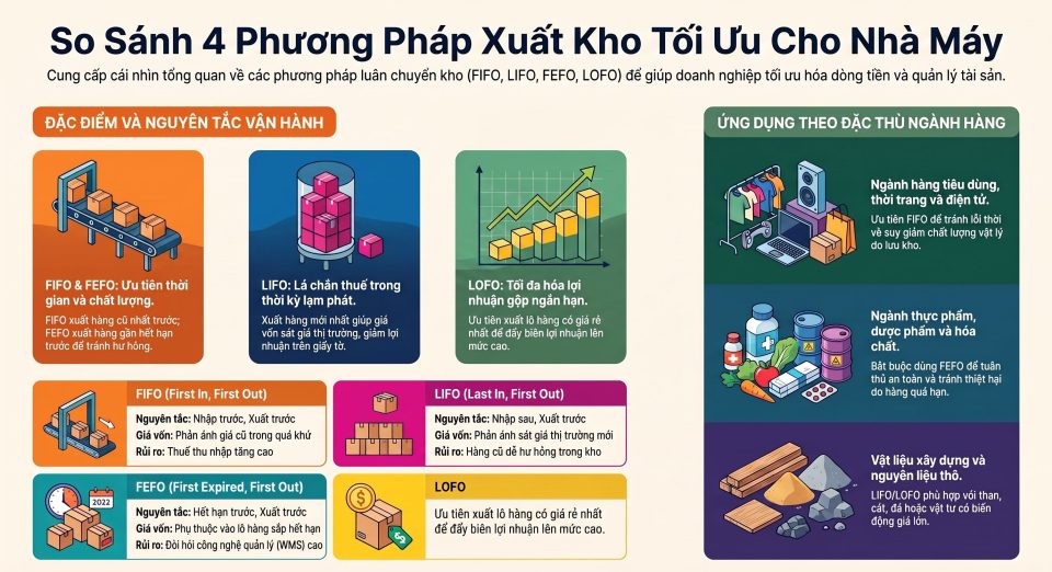 So sánh FIFO LIFO FEFO và LOFO: Phương pháp xuất kho tối ưu cho nhà máy