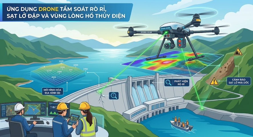 Ứng dụng Drone tầm soát rò rỉ, sạt lở đập và vùng lòng hồ thủy điện