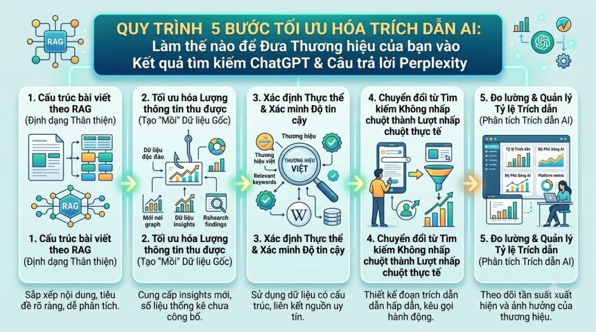Quy Trình 5 Bước Tối Ưu AI Citation: Cách Đưa Thương Hiệu Vào Câu Trả Lời Của ChatGPT Search & Perplexity