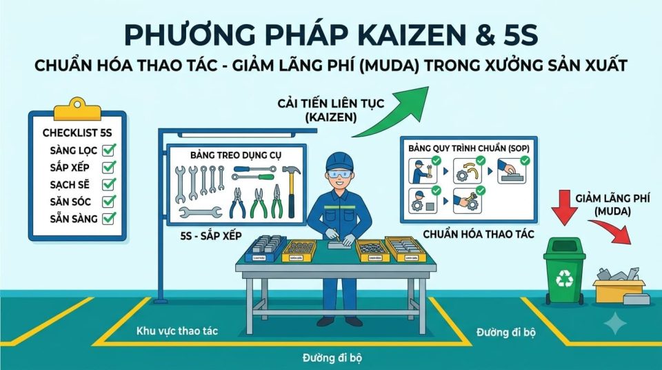 Phương pháp Kaizen & 5S: Chuẩn hóa thao tác giảm lãng phí (Muda) xưởng sản xuất